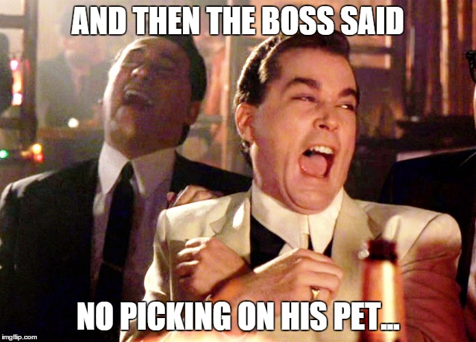 Good Fellas Hilarious | AND THEN THE BOSS SAID; NO PICKING ON HIS PET... | image tagged in memes,good fellas hilarious | made w/ Imgflip meme maker