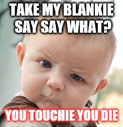 Skeptical Baby | TAKE MY BLANKIE SAY SAY WHAT? YOU TOUCHIE YOU DIE | image tagged in memes,skeptical baby | made w/ Imgflip meme maker