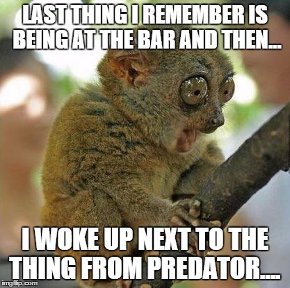 Oh my God!! | LAST THING I REMEMBER IS BEING AT THE BAR AND THEN... I WOKE UP NEXT TO THE THING FROM PREDATOR.... | image tagged in oh my god | made w/ Imgflip meme maker