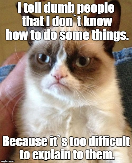 Grumpy Cat | I tell dumb people that I don`t know how to do some things. Because it`s too difficult to explain to them. | image tagged in memes,grumpy cat | made w/ Imgflip meme maker