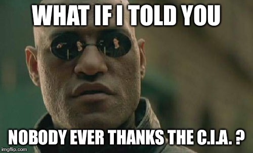 Matrix Morpheus Meme | WHAT IF I TOLD YOU NOBODY EVER THANKS THE C.I.A. ? | image tagged in memes,matrix morpheus | made w/ Imgflip meme maker