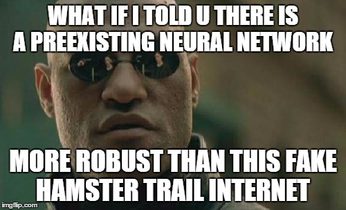 Matrix Morpheus Meme | WHAT IF I TOLD U THERE IS A PREEXISTING NEURAL NETWORK; MORE ROBUST THAN THIS FAKE HAMSTER TRAIL INTERNET | image tagged in memes,matrix morpheus | made w/ Imgflip meme maker