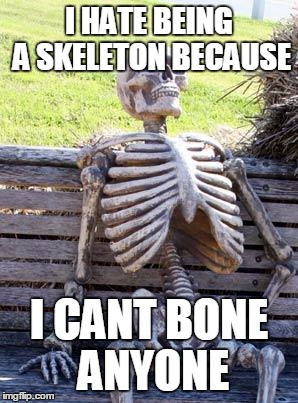 Waiting Skeleton | I HATE BEING A SKELETON BECAUSE; I CANT BONE ANYONE | image tagged in memes,waiting skeleton | made w/ Imgflip meme maker