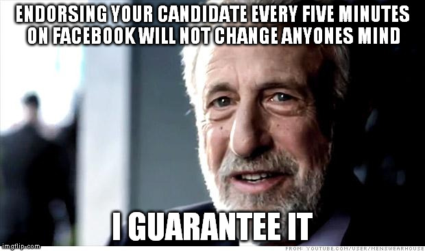 I Guarantee It | ENDORSING YOUR CANDIDATE EVERY FIVE MINUTES ON FACEBOOK WILL NOT CHANGE ANYONES MIND; I GUARANTEE IT | image tagged in memes,i guarantee it | made w/ Imgflip meme maker