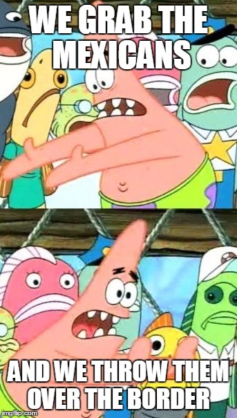 Put It Somewhere Else Patrick | WE GRAB THE MEXICANS; AND WE THROW THEM OVER THE BORDER | image tagged in memes,put it somewhere else patrick | made w/ Imgflip meme maker