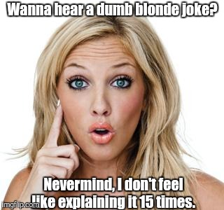 Dumb Blonde Joke |  Wanna hear a dumb blonde joke? Nevermind, I don't feel like explaining it 15 times. | image tagged in dumb blonde,jokes,funny,memes | made w/ Imgflip meme maker