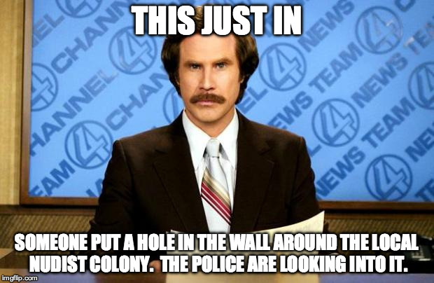 BREAKING NEWS | THIS JUST IN; SOMEONE PUT A HOLE IN THE WALL AROUND THE LOCAL NUDIST COLONY.  THE POLICE ARE LOOKING INTO IT. | image tagged in breaking news | made w/ Imgflip meme maker