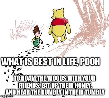 pooh | WHAT IS BEST IN LIFE, POOH; TO ROAM THE WOODS WITH YOUR FRIENDS, EAT UP THEIR HONEY, AND HEAR THE RUMBLY IN THEIR TUMBLY | image tagged in pooh,scumbag | made w/ Imgflip meme maker