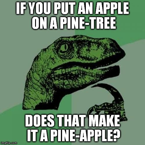 Philosoraptor Meme | IF YOU PUT AN APPLE ON A PINE-TREE; DOES THAT MAKE IT A PINE-APPLE? | image tagged in memes,philosoraptor | made w/ Imgflip meme maker