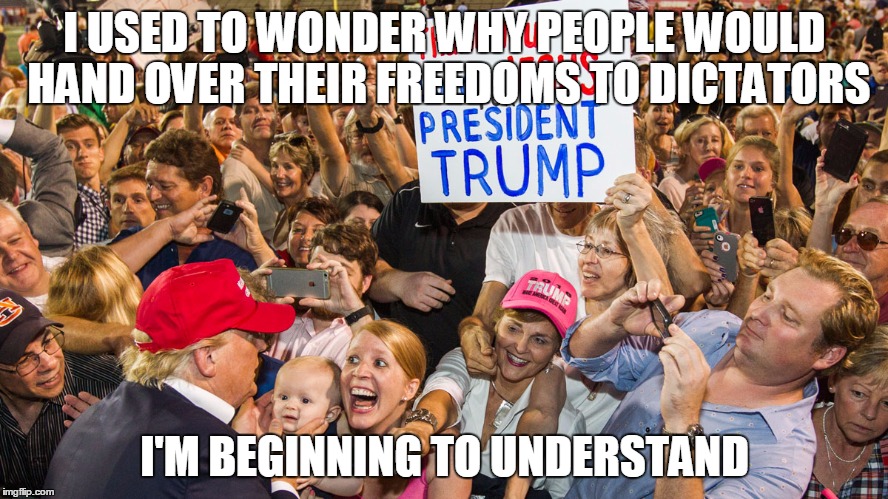 #NeverTrump | I USED TO WONDER WHY PEOPLE WOULD HAND OVER THEIR FREEDOMS TO DICTATORS; I'M BEGINNING TO UNDERSTAND | image tagged in donald trump | made w/ Imgflip meme maker