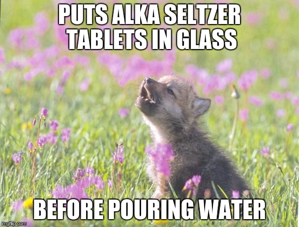who needs rules | PUTS ALKA SELTZER TABLETS IN GLASS; BEFORE POURING WATER | image tagged in memes,baby insanity wolf | made w/ Imgflip meme maker