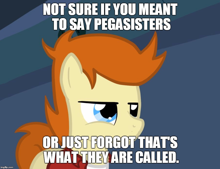 Futurama Fry Pony | NOT SURE IF YOU MEANT TO SAY PEGASISTERS OR JUST FORGOT THAT'S WHAT THEY ARE CALLED. | image tagged in futurama fry pony | made w/ Imgflip meme maker